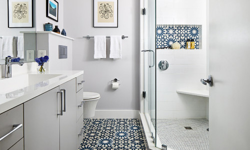 White Tile Bathroom with Walk in Shower