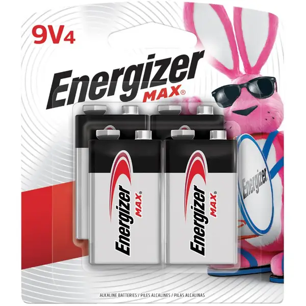 Energizer Max
Alkaline Batteries
9V. 
Pack of 4